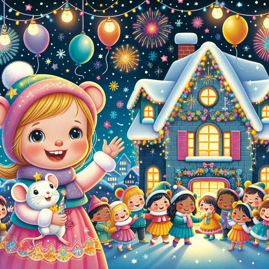 Une illustration destinée aux enfants représentant une petite fille pleine de joie, entourée de ses amis et d'une souris magique, dans une jolie maison décorée de guirlandes colorées et de ballons étincelants, célébrant la fête du Nouvel An avec des feux d'artifice illuminant le ciel étoilé.
