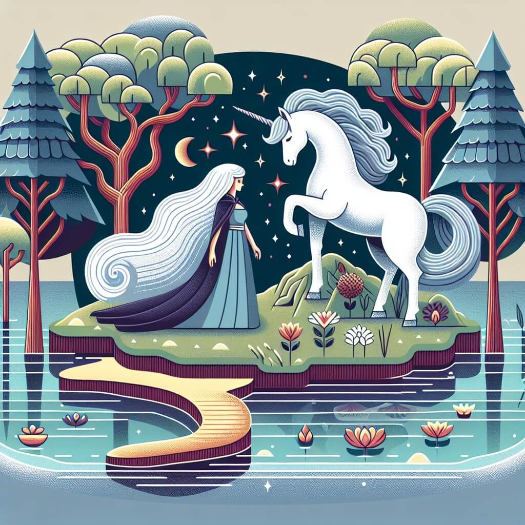 Une illustration destinée aux enfants représentant une femme mystérieuse aux cheveux d'argent, se tenant sur une île enchantée au cœur d'un lac cristallin, accompagnée d'une licorne majestueuse, dans un royaume où les arbres chuchotent et les fleurs dansent au rythme du vent.