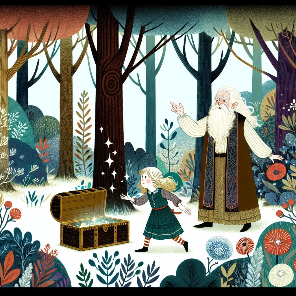 Une illustration destinée aux enfants représentant une petite fille curieuse, découvrant un coffret mystérieux, accompagnée d'un sage aux cheveux blancs, dans une forêt enchantée aux arbres immenses, aux feuillages chatoyants et aux fleurs aux couleurs éclatantes.