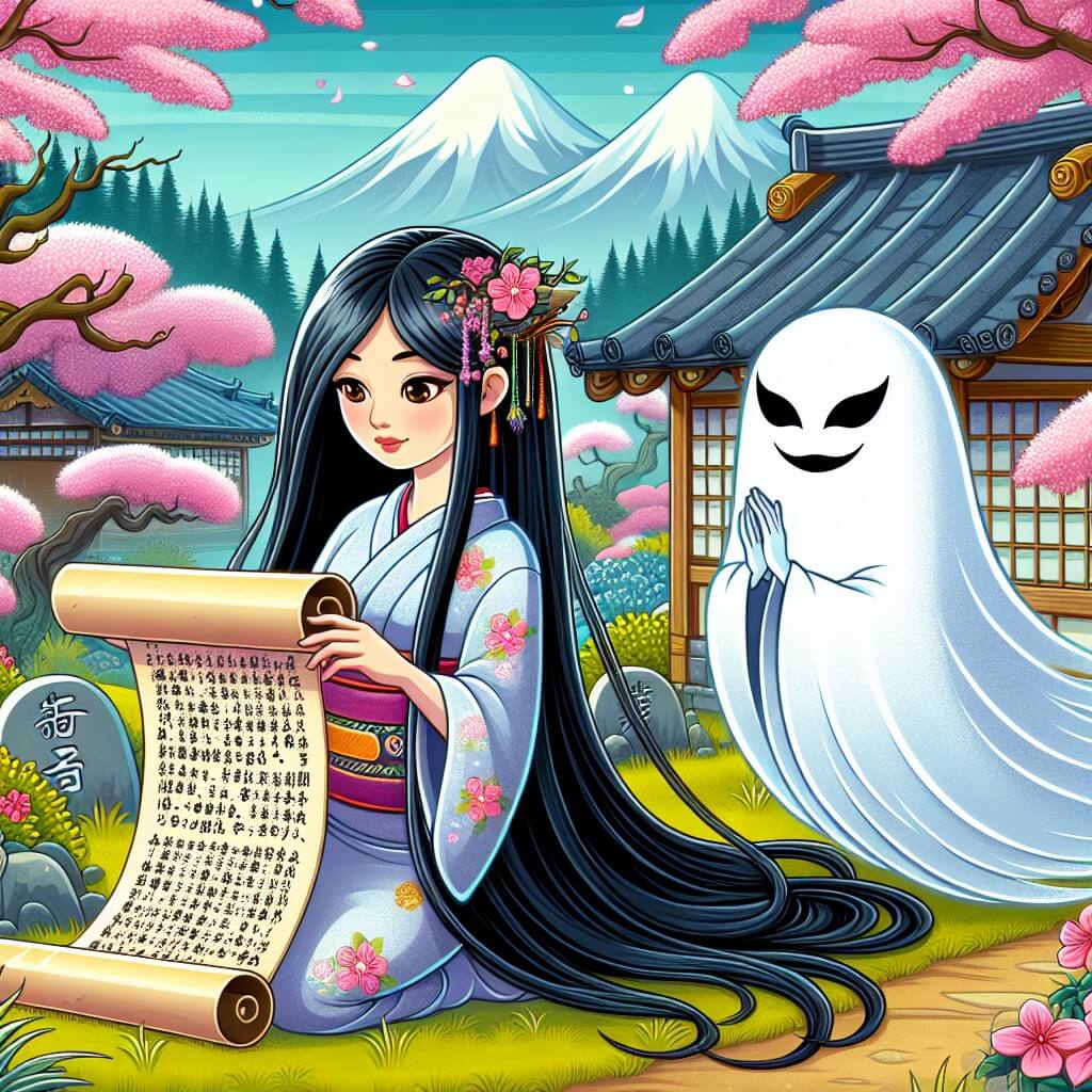 Une illustration destinée aux enfants représentant une femme aux longs cheveux noirs comme l'ébène, découvrant un mystérieux parchemin dans une forêt enchantée du Japon, accompagnée d'un yūrei, un fantôme vêtu d'un kimono blanc, dans un village pittoresque entouré de cerisiers en fleurs.