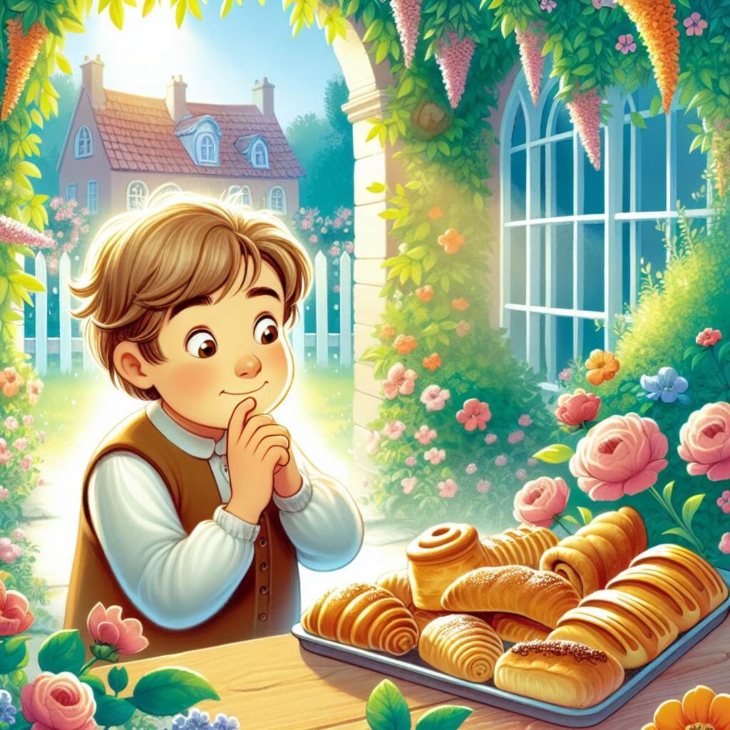 Une illustration destinée aux enfants représentant un petit garçon curieux et espiègle, confronté à la tentation de goûter aux délicieuses pâtisseries d'une voisine bienveillante, dans le cadre enchanteur d'un jardin fleuri baigné de douce lumière.