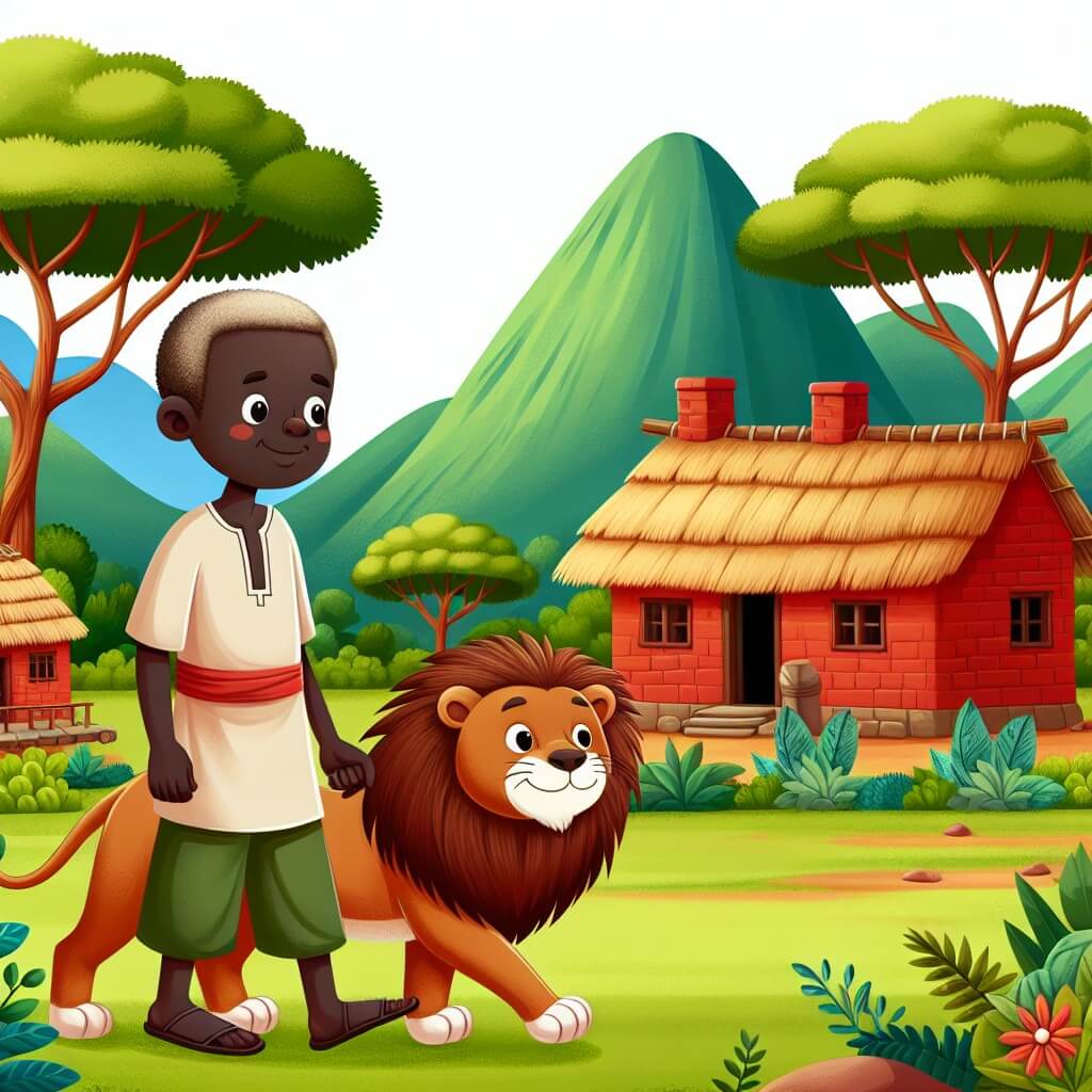 Une illustration destinée aux enfants représentant un homme sage et respecté, accompagné d'un lionceau, explorant la savane luxuriante d'un village africain où les maisons en terre rouge sont entourées d'arbres majestueux et de montagnes verdoyantes, symbolisant ainsi l'harmonie entre l'homme et la nature.