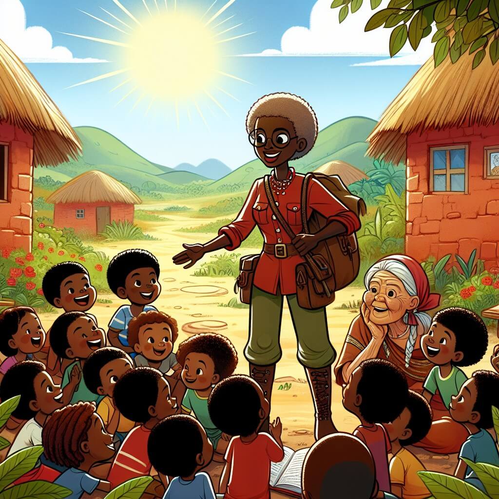 Une illustration destinée aux enfants représentant une femme courageuse et déterminée, se tenant au milieu d'un village africain pittoresque, entourée d'enfants joyeux et écoutant attentivement les récits d'aventure d'une vieille femme sage, tandis que le soleil brille intensément sur les maisons en terre rouge et la végétation luxuriante.
