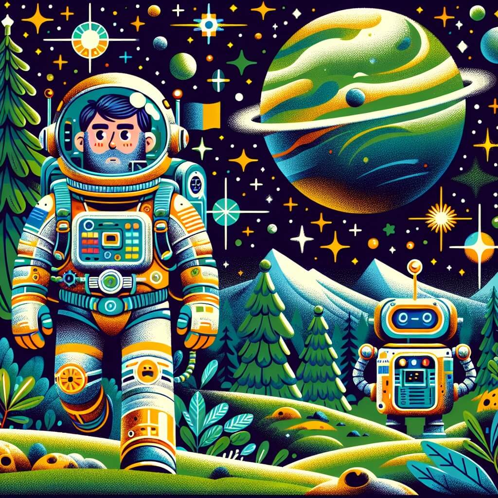 Une illustration destinée aux enfants représentant un homme intrépide, habillé d'une combinaison spatiale colorée, explorant une planète lointaine et verdoyante, accompagné d'un robot sympathique, dans un univers rempli d'étoiles scintillantes et de galaxies chatoyantes.