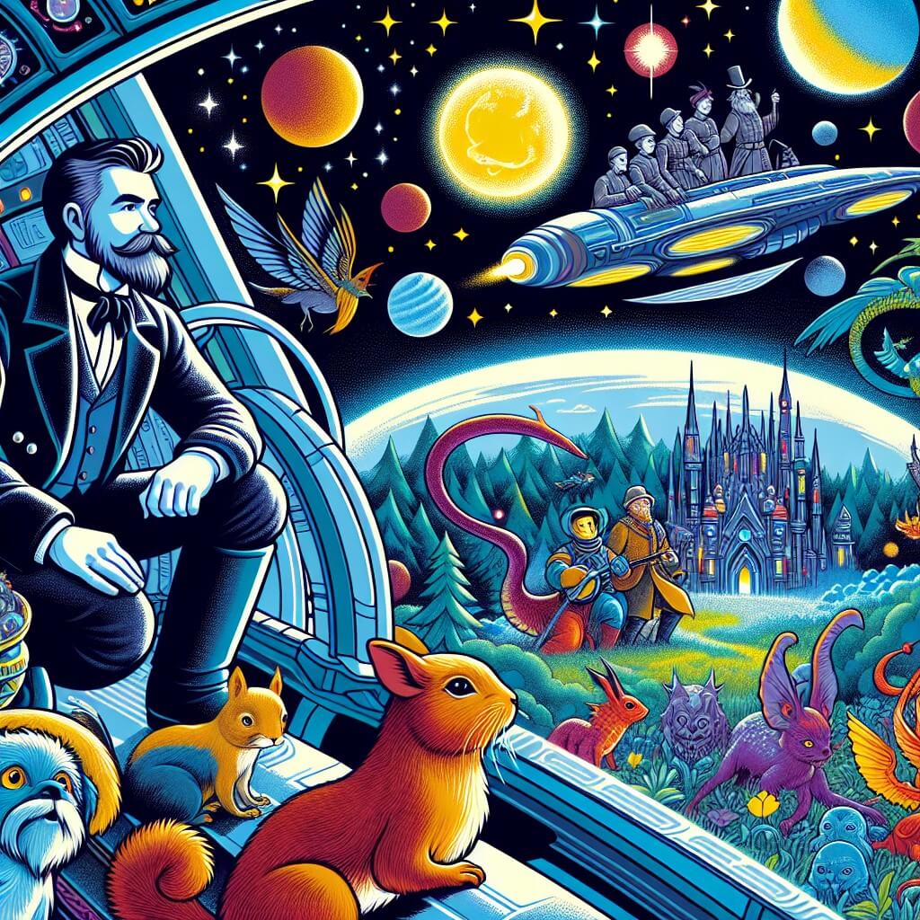 Une illustration destinée aux enfants représentant un homme intrépide, passionné par l'espace, embarquant à bord d'un vaisseau spatial futuriste avec son équipe d'explorateurs courageux, surplombant une planète magique aux couleurs vives et peuplée de créatures fantastiques.