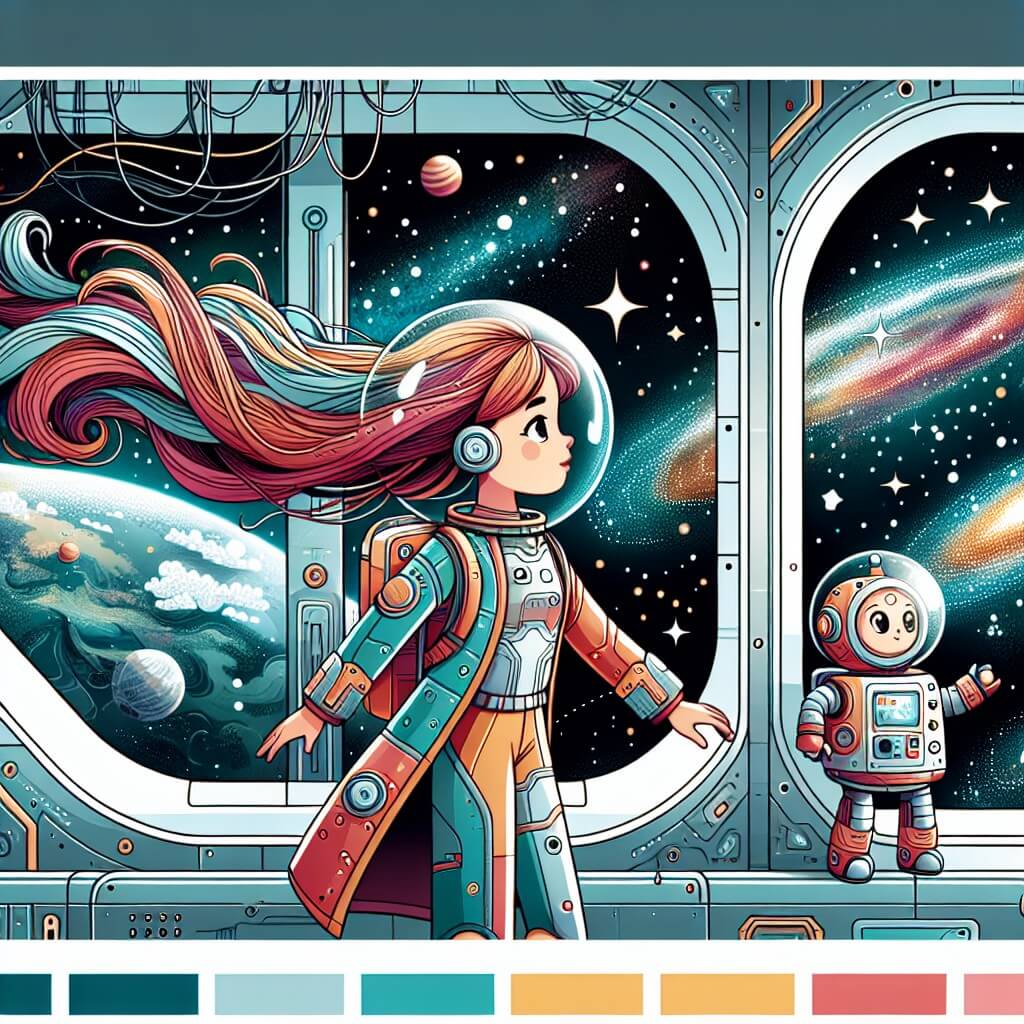 Une illustration destinée aux enfants représentant une femme intrépide, les cheveux flottant dans l'apesanteur, explorant une planète lointaine aux paysages féériques, accompagnée de son fidèle robot compagnon, dans un vaisseau spatial futuriste scintillant de mille couleurs.