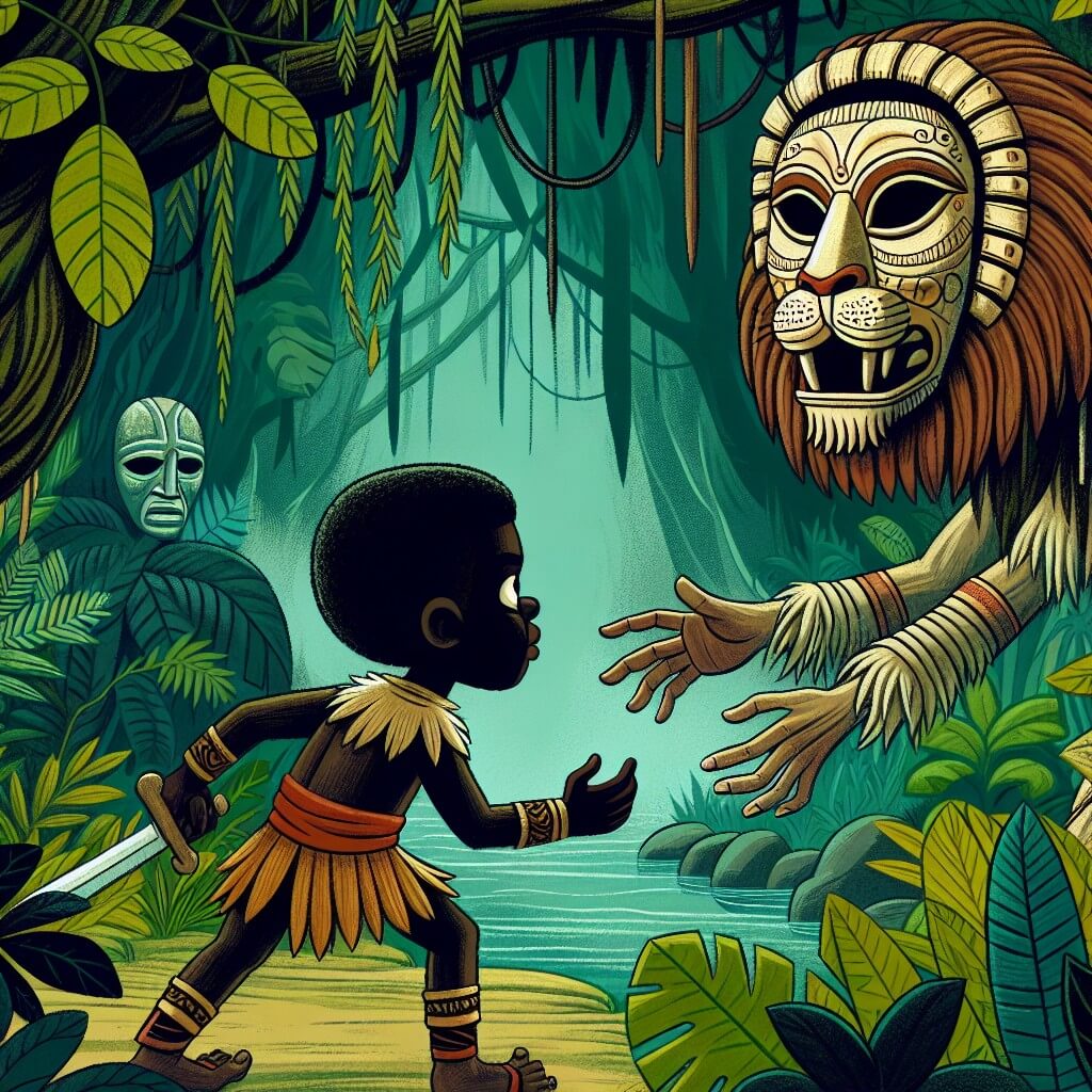 Une illustration destinée aux enfants représentant un homme courageux, plongé au cœur d'une jungle dense et mystérieuse, où il rencontre l'Esprit de la Jungle, un être mi-homme mi-animal coiffé d'un masque sculpté représentant un lion, qui lui confie une épreuve pour prouver sa valeur.