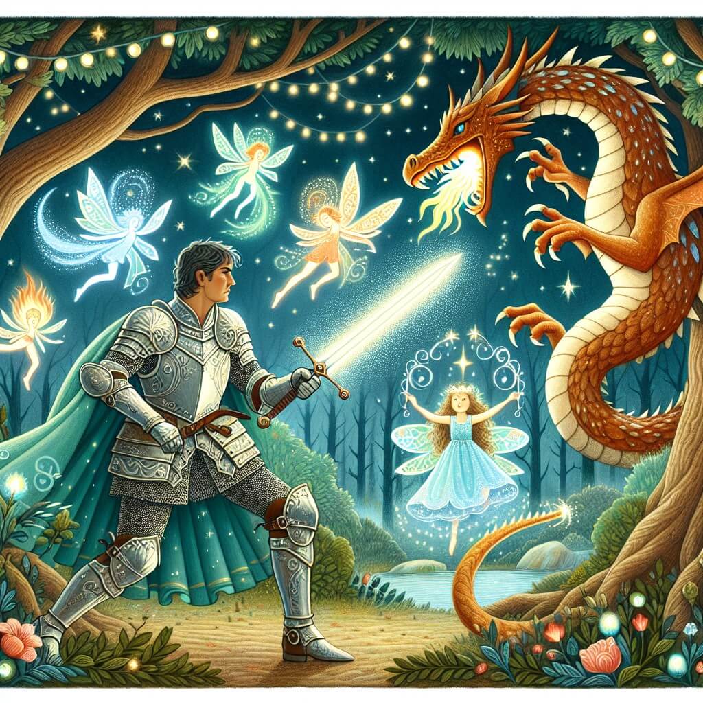 Une illustration destinée aux enfants représentant un homme courageux, vêtu d'une armure étincelante, affrontant un dragon de feu avec son épée étincelante, dans une forêt enchantée où les arbres dansent et les fées lumineuses virevoltent.