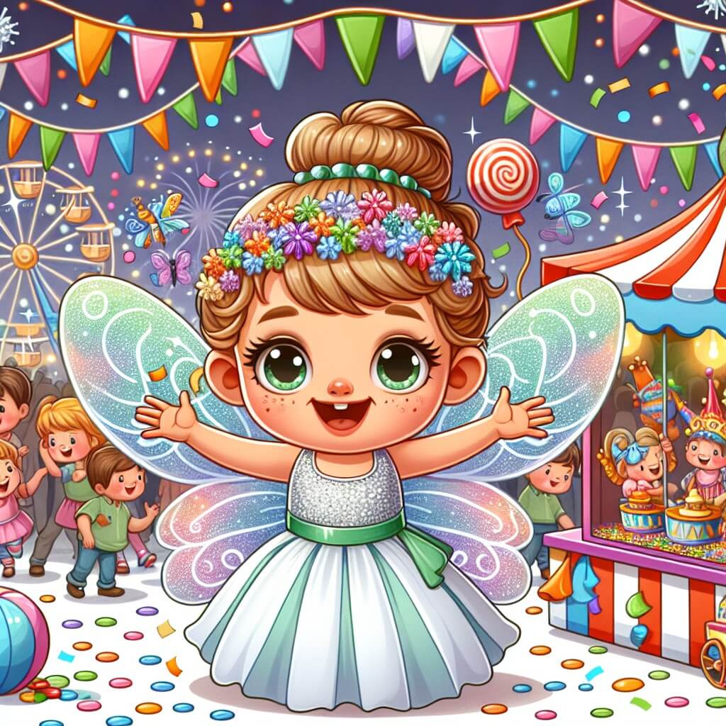 Une illustration destinée aux enfants représentant une petite fille espiègle, vêtue d'un costume de fée étincelant, qui découvre un monde enchanté lors d'un carnaval coloré rempli de confettis, de musique entraînante et de stands de jeux.