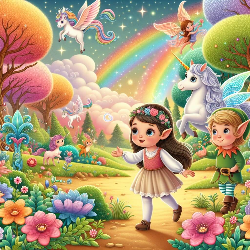 Une illustration destinée aux enfants représentant une petite fille curieuse, accompagnée d'un lutin magique, découvrant un monde fantastique enchanté rempli d'arbres colorés, de fleurs dansantes, d'un dragon farceur et d'une licorne majestueuse dans une clairière féerique.