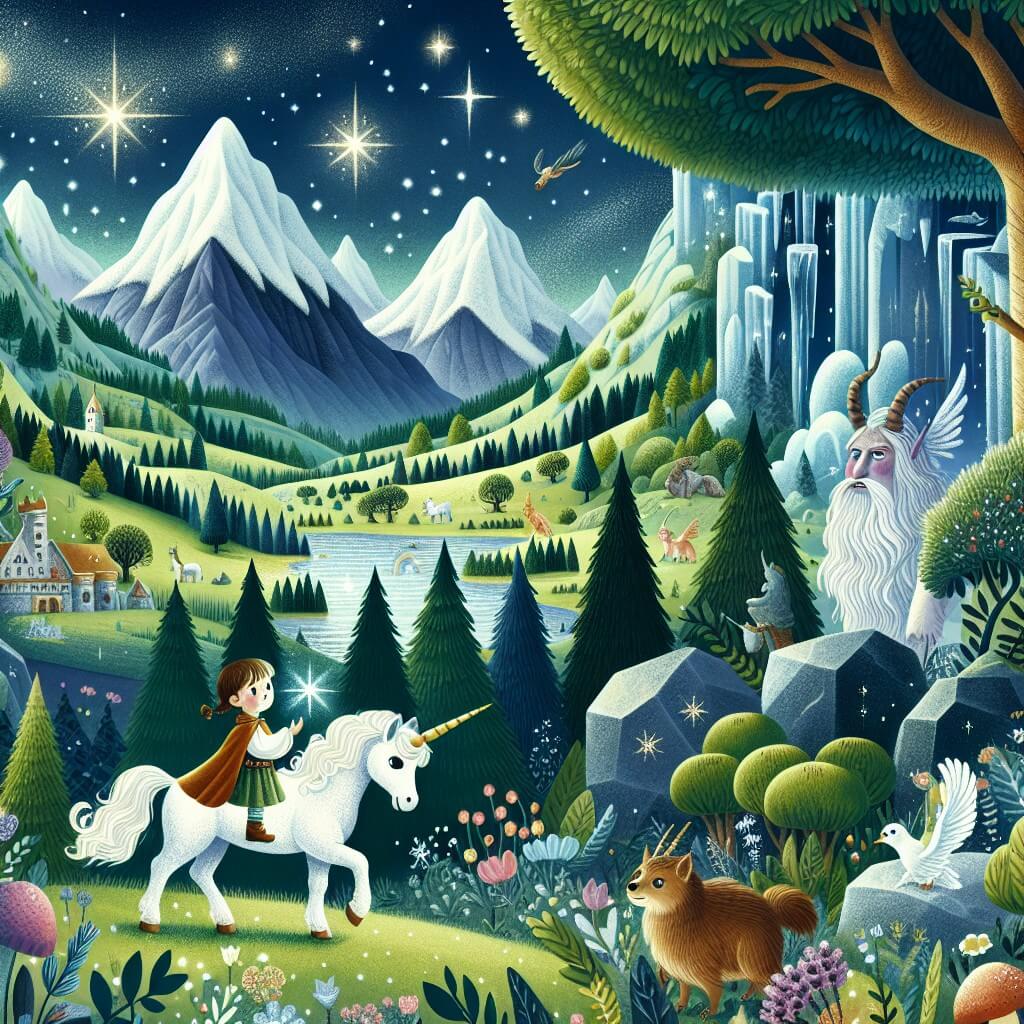 Une illustration destinée aux enfants représentant une petite fille curieuse, plongée dans un monde fantastique rempli de créatures magiques, aux côtés d'une licorne blanche étincelante, dans un Royaume Enchanté aux vastes plaines verdoyantes, aux forêts sombres et mystérieuses, et aux montagnes enneigées où vivent les trolls géants.