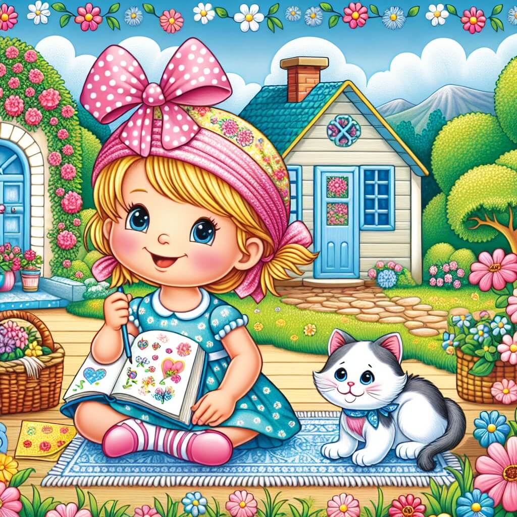Une illustration destinée aux enfants représentant une petite fille pleine de vie, confrontée à une maladie rare, accompagnée d'un adorable chaton, dans une maison confortable au bord de la mer, entourée de fleurs colorées et d'un jardin verdoyant.