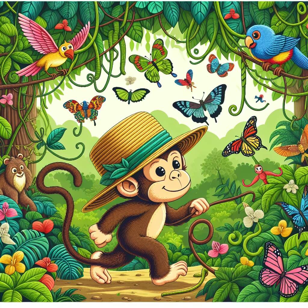 Une illustration destinée aux enfants représentant un singe espiègle et curieux qui se retrouve embarqué dans une aventure extraordinaire avec un chapeau de paille, dans une forêt tropicale luxuriante remplie de lianes, d'oiseaux multicolores et de papillons géants.