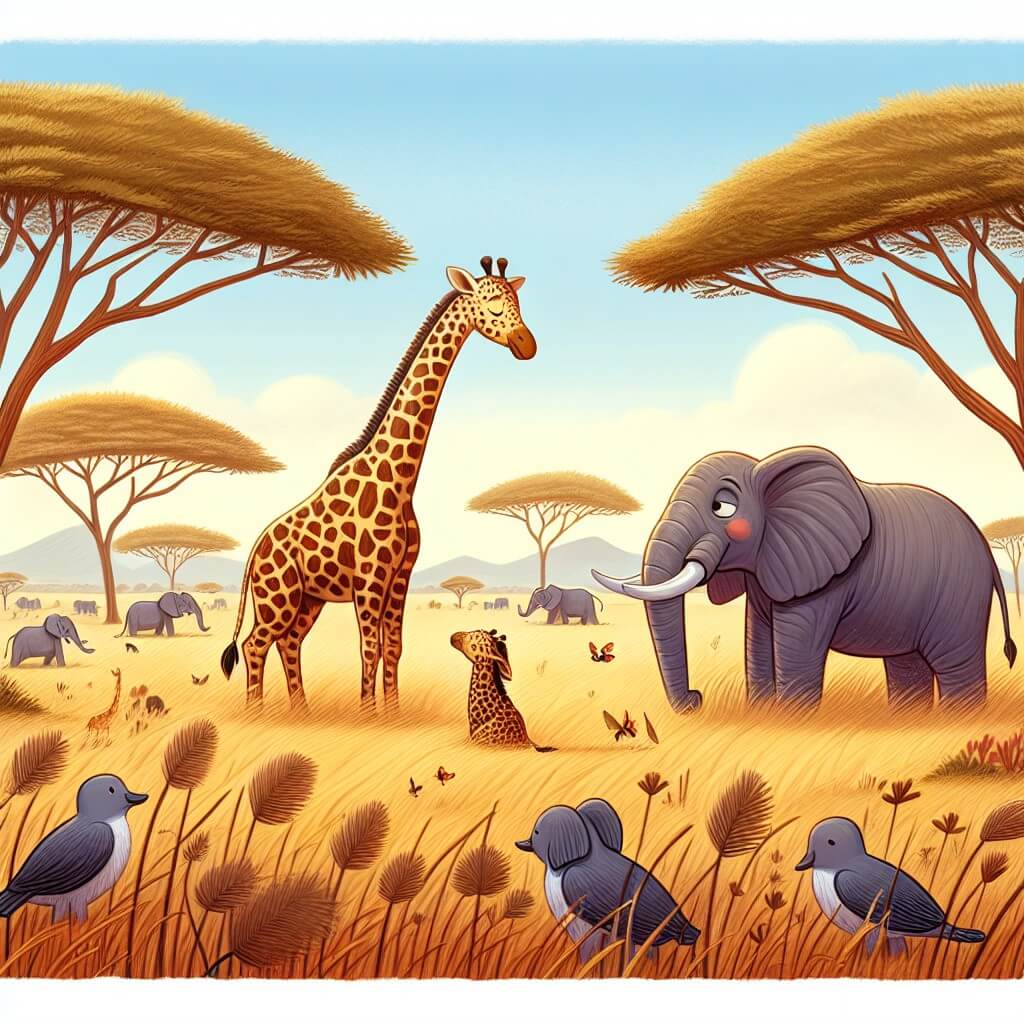 Une illustration destinée aux enfants représentant une majestueuse girafe à la robe tachetée, se sentant exclue à cause de sa taille, découvrant son don unique grâce à l'aide d'un éléphant sage, dans la magnifique savane africaine, avec ses hautes herbes dorées, ses acacias majestueux et ses animaux sauvages.