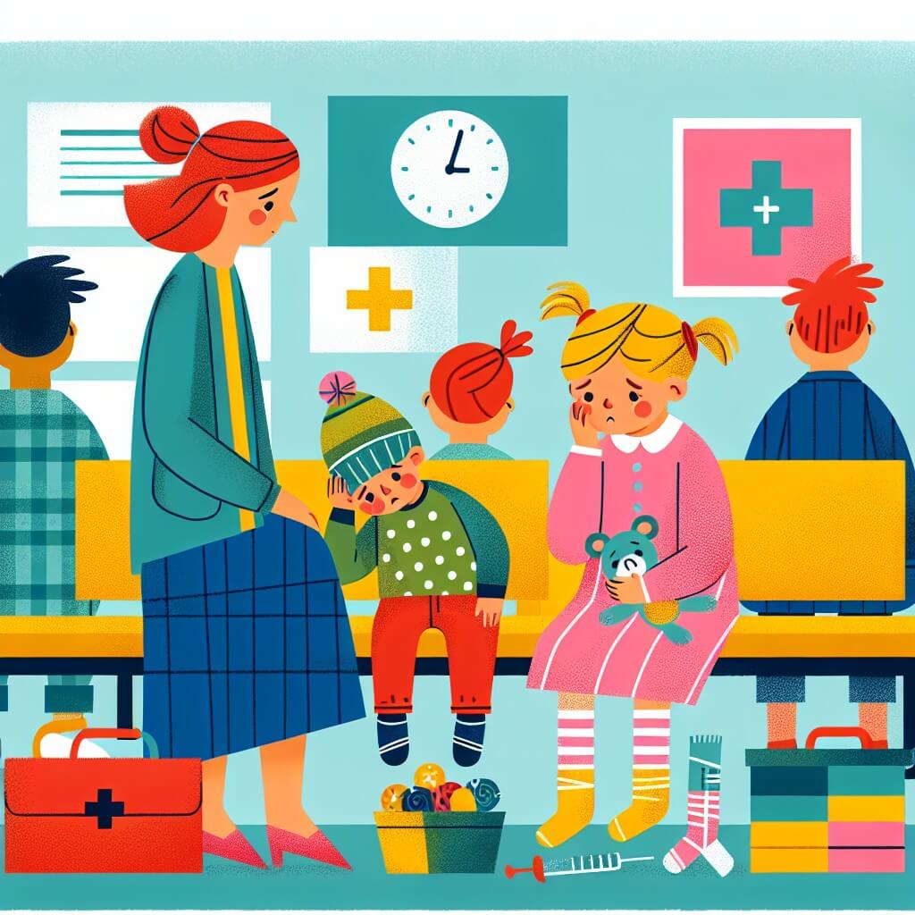 Une illustration destinée aux enfants représentant une petite fille, fatiguée et enrhumée, accompagnée de sa maman, dans une salle d'attente colorée d'un cabinet médical, avec d'autres enfants portant des pansements et des plâtres, et des jouets éparpillés sur le sol.