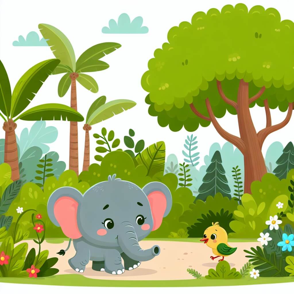 Une illustration destinée aux enfants représentant un éléphant curieux, accompagné d'un oiseau joyeux, explorant une jungle luxuriante où les arbres verdissent et les fleurs s'épanouissent.