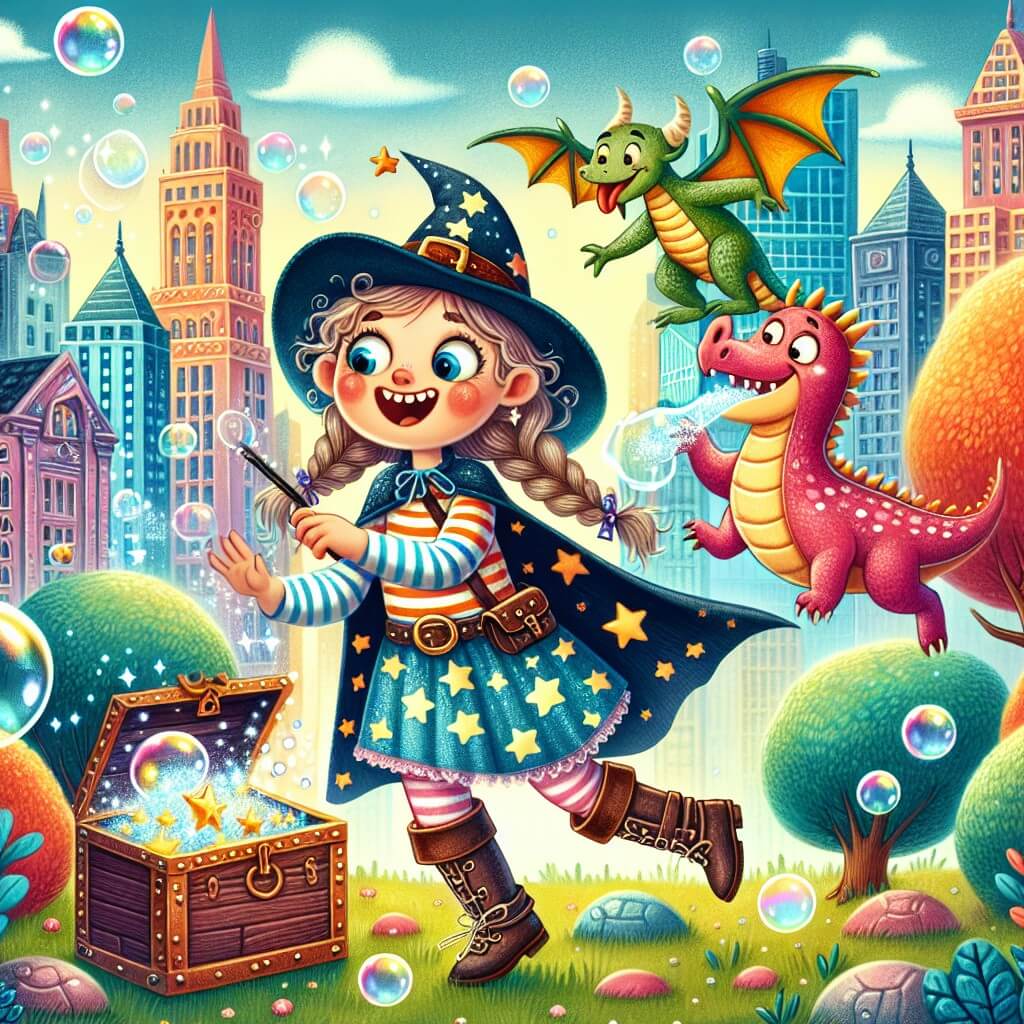 Une illustration destinée aux enfants représentant une petite fille intrépide, vêtue d'une cape étoilée, découvrant un coffre magique dans un parc urbain vibrant de couleurs, accompagnée d'un dragon facétieux crachant des bulles de savon, dans une ville féerique mêlant architecture moderne et arbres parlants.