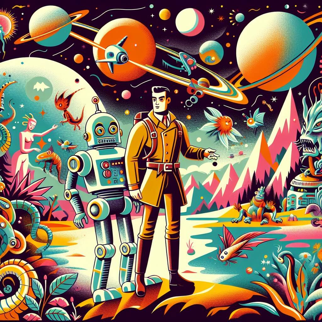 Une illustration destinée aux enfants représentant un homme intrépide, accompagné de son fidèle robot, explorant un système solaire lointain rempli de créatures fantastiques et de paysages colorés sur la planète mystérieuse de Zelthar.