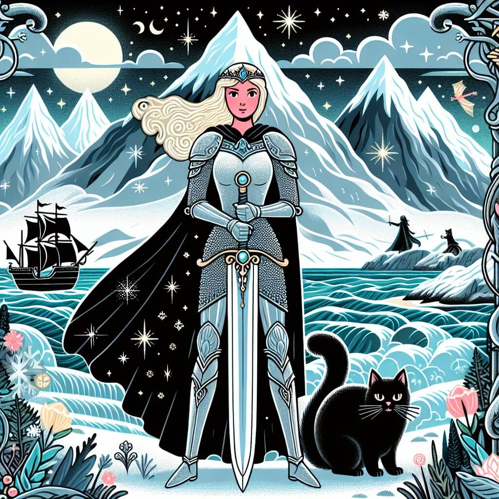 Une illustration destinée aux enfants représentant une jeune femme courageuse, vêtue d'une armure étincelante, se tenant devant une épée légendaire, accompagnée d'un chat noir mystérieux, dans un royaume fantastique aux montagnes enneigées et aux océans tumultueux.