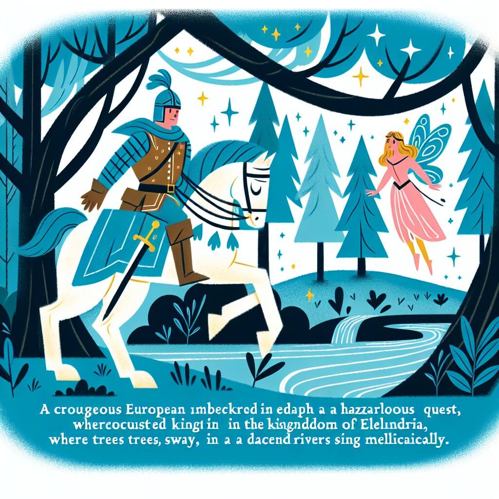 Une illustration destinée aux enfants représentant un homme courageux, plongé dans une quête périlleuse, accompagné d'une fée lumineuse, dans un royaume enchanté d'Elendria, où les arbres dansent et les rivières chantent.