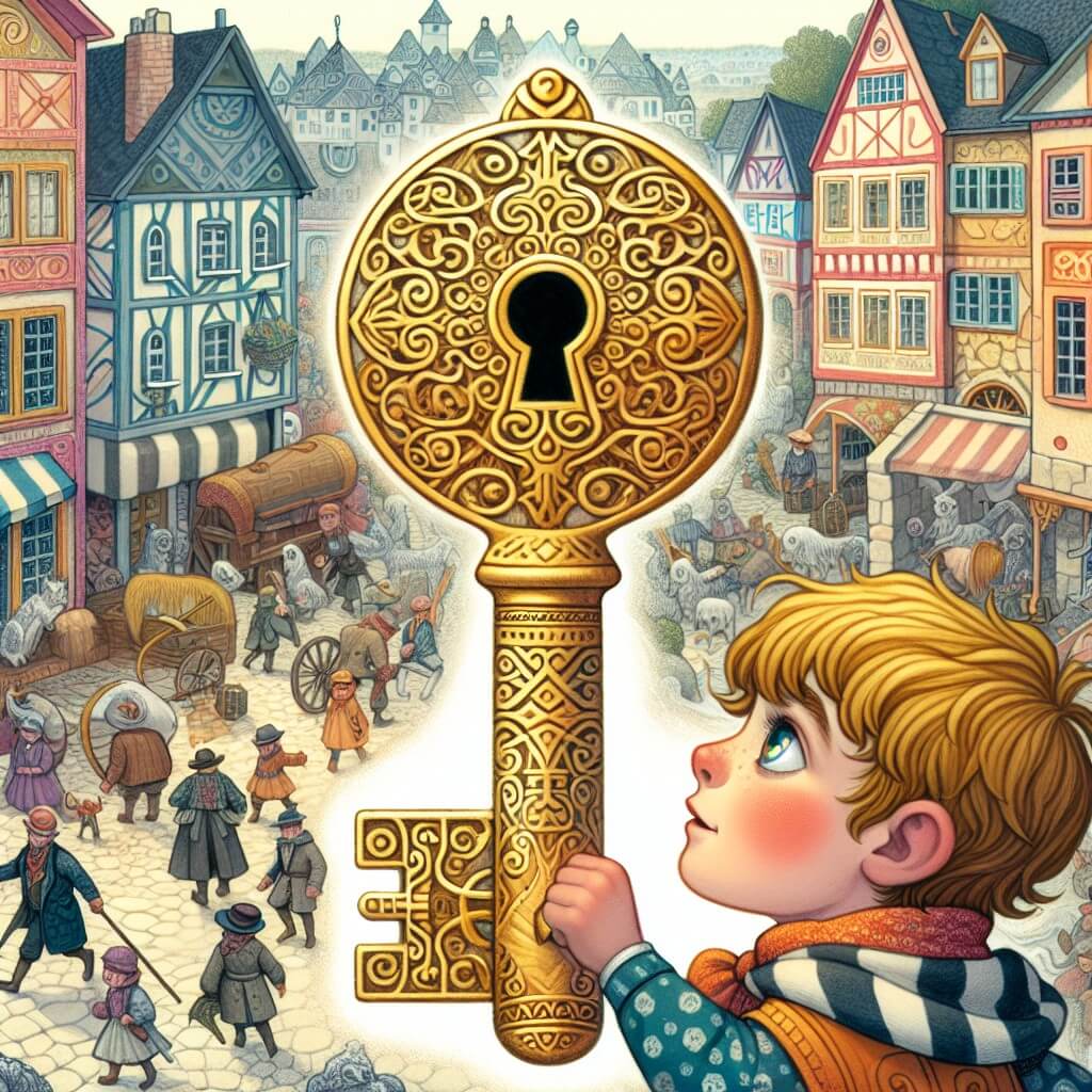 Une illustration destinée aux enfants représentant un petit garçon aux yeux brillants, qui découvre une clé en or ornée de motifs mystérieux, ouvrant la porte d'un monde fantastique, peuplé de créatures magiques, dans une petite ville appelée Bellecombe, où les maisons colorées se dressent parmi les rues remplies de marchands ambulants.