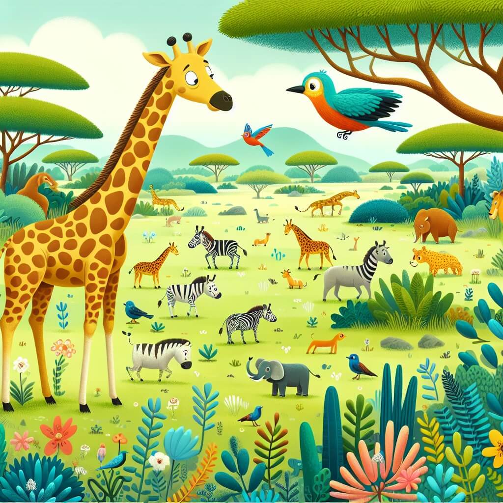 Une illustration destinée aux enfants représentant une élégante girafe aux longues pattes, émerveillée devant un oiseau multicolore, dans une savane vaste et verdoyante parsemée d'arbres majestueux et d'animaux curieux.