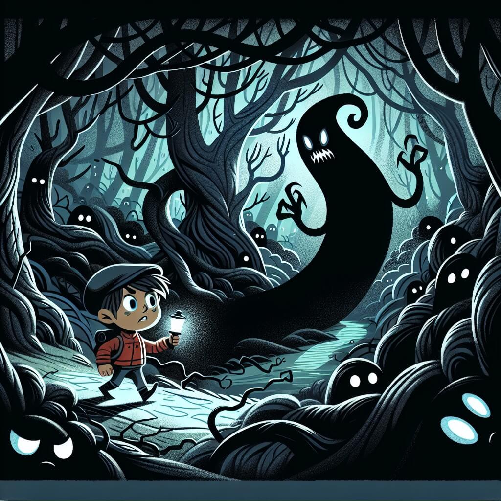 Une illustration destinée aux enfants représentant un petit garçon courageux et intrépide, plongé dans une sombre forêt hantée, accompagné d'une mystérieuse ombre qui le guide à travers les arbres tordus et les chemins sinueux, dans un lieu où les branches noueuses et les yeux luisants des créatures nocturnes créent une ambiance effrayante et mystique.