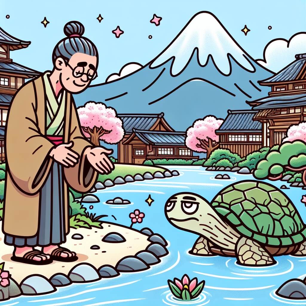 Une illustration destinée aux enfants représentant un homme humble et généreux, rencontrant une tortue magique épuisée près d'une rivière dans un petit village japonais entouré de montagnes majestueuses et de cerisiers en fleurs.