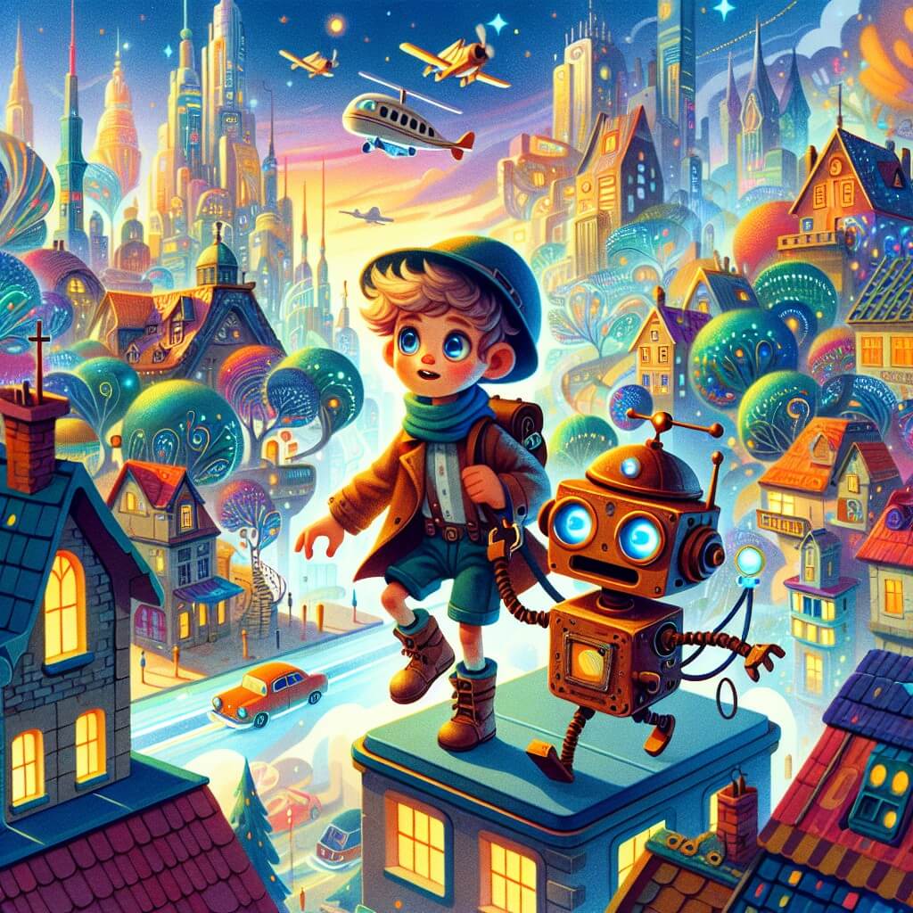 Une illustration destinée aux enfants représentant un jeune garçon curieux et aventurier, accompagné d'un petit robot rouillé, explorant les rues animées d'une ville futuriste où les voitures volent dans le ciel, les maisons sont faites de verre et les arbres brillent de mille couleurs, à la recherche d'une clé magique perdue dans une vieille usine abandonnée à l'extérieur de la ville.
