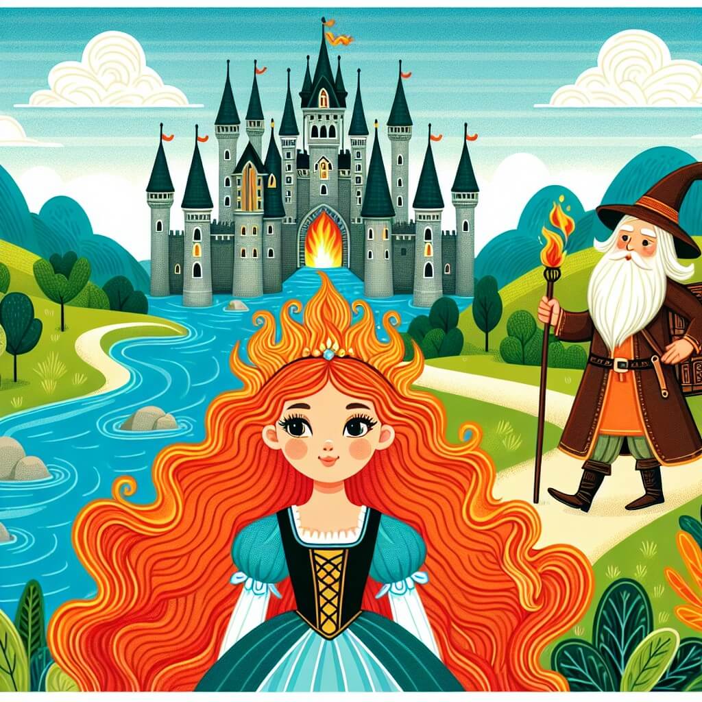 Une illustration destinée aux enfants représentant une jeune femme aux cheveux de feu, plongée dans une quête extraordinaire au cœur d'un château majestueux, accompagnée d'un mystérieux sorcier, dans un paysage médiéval enchanteur où se mêlent collines verdoyantes, rivières cristallines et tours imposantes.