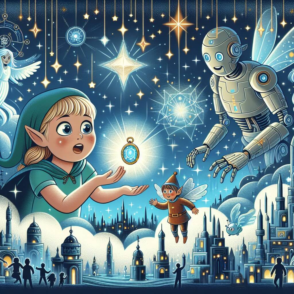 Une illustration destinée aux enfants représentant une petite fille curieuse, découvrant une amulette magique, accompagnée d'une elfe lumineuse et d'un robot futuriste, dans un royaume céleste rempli d'étoiles scintillantes et de cités antiques mêlées à des technologies avancées.