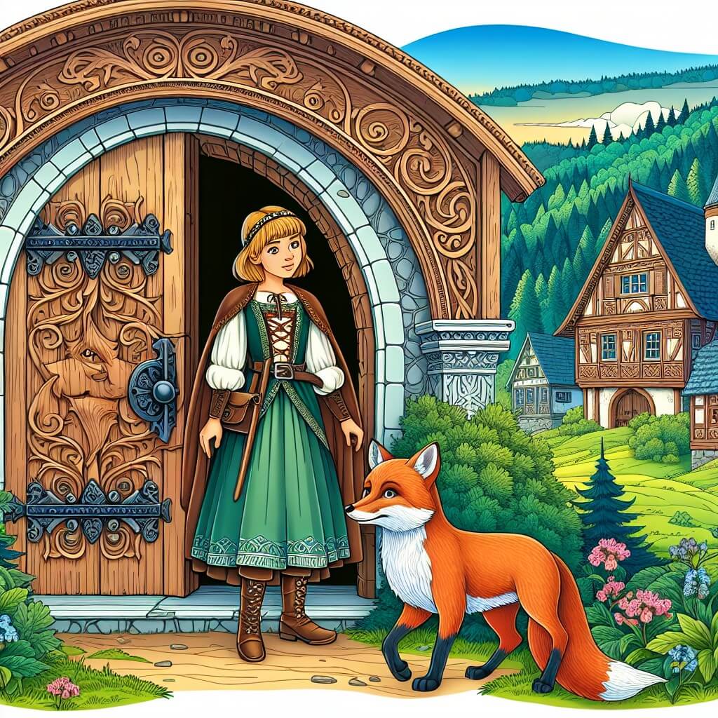 Une illustration destinée aux enfants représentant une jeune femme courageuse, vêtue d'une robe médiévale, se tenant devant une imposante porte en bois sculpté, accompagnée d'un renard rusé, dans un village pittoresque entouré de collines verdoyantes et de maisons à colombages, situé au cœur d'une forêt enchantée.