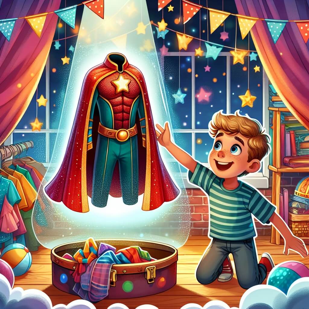 Une illustration destinée aux enfants représentant un petit garçon plein d'enthousiasme découvrant un mystérieux costume de super-héros dans un grenier lumineux, entouré de motifs colorés, à l'aube d'un carnaval scolaire plein de magie.