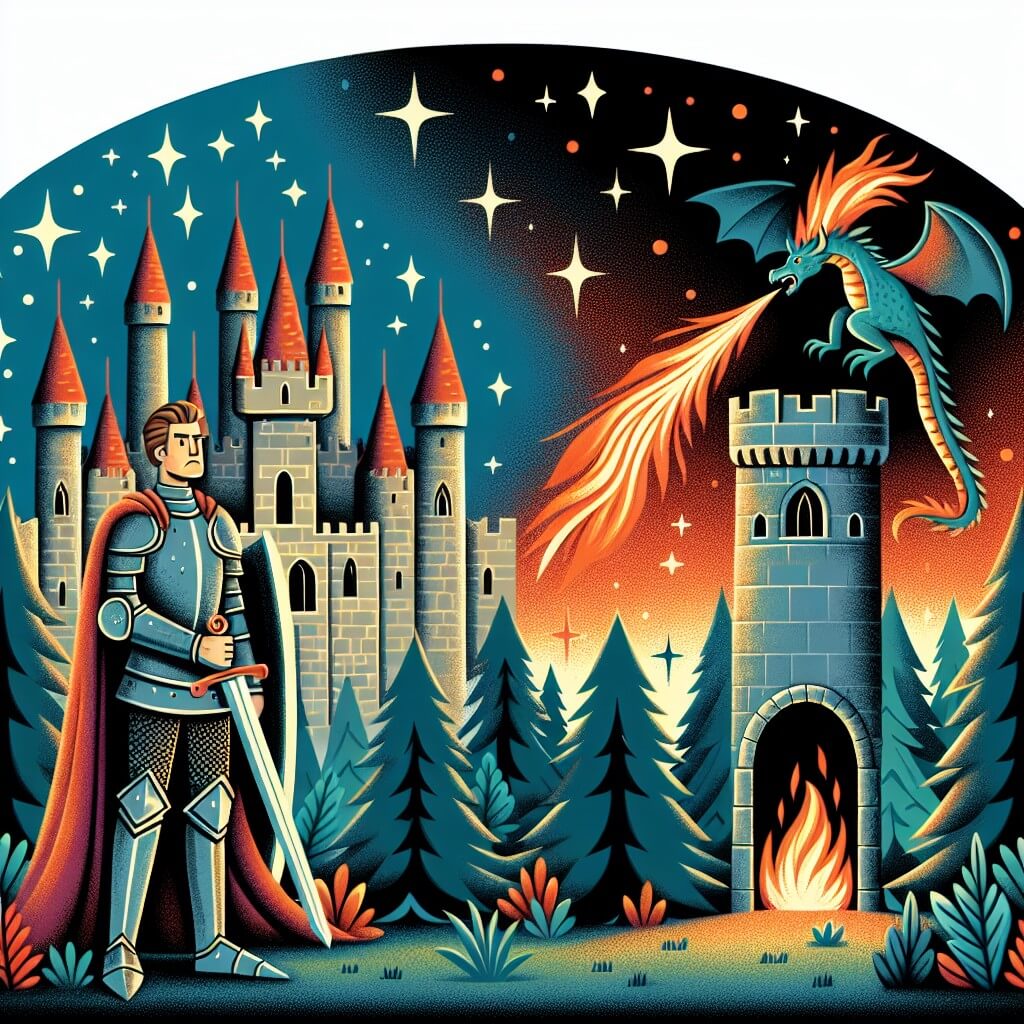Une illustration destinée aux enfants représentant un homme courageux, vêtu d'une armure étincelante, se tenant devant un majestueux château en pierre, entouré d'une forêt dense et mystérieuse, tandis qu'un dragon cracheur de feu s'élève dans le ciel étoilé.