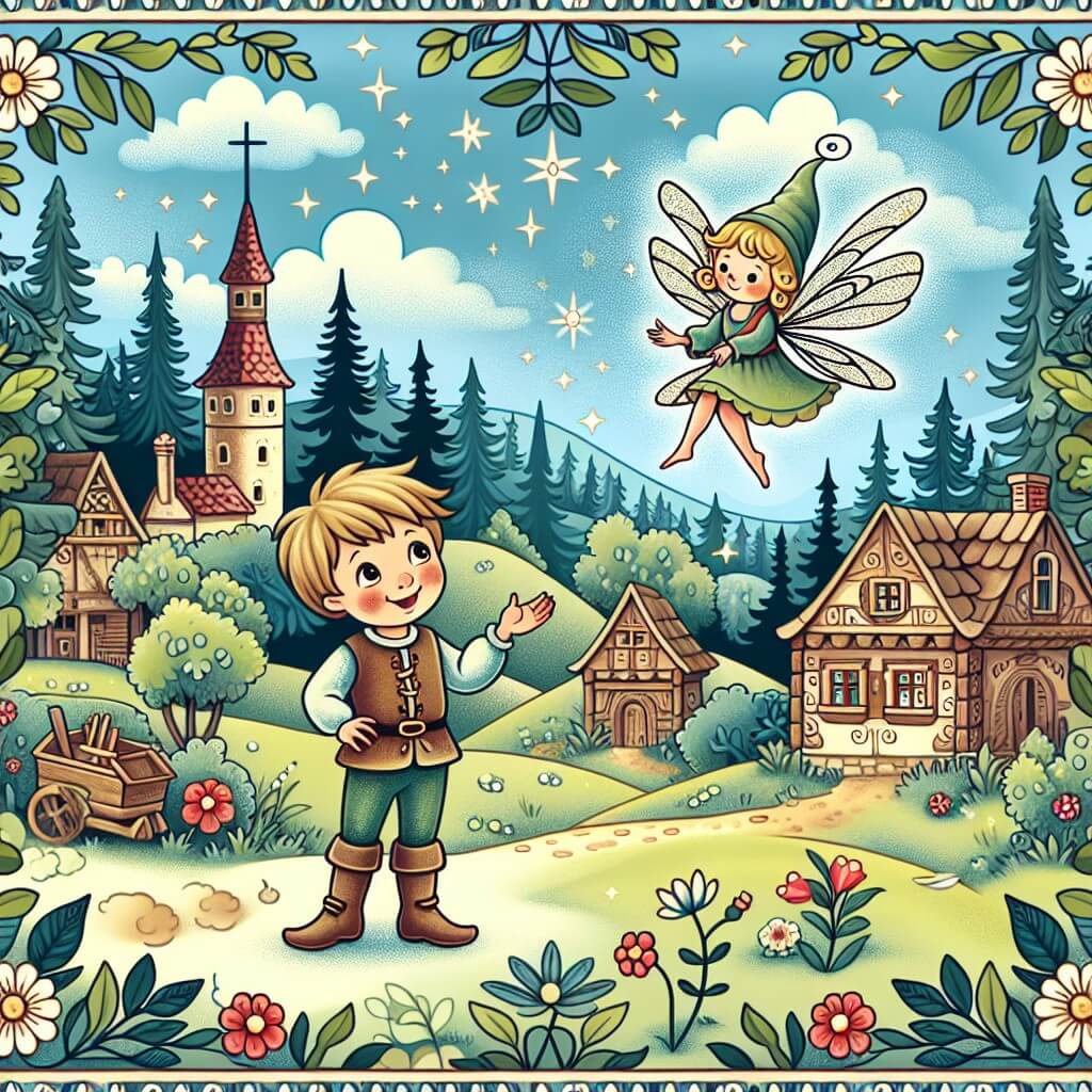 Une illustration destinée aux enfants représentant un petit garçon plein d'énergie, se retrouvant nez à nez avec une fée étincelante, dans un village niché au cœur d'une forêt enchantée, où les arbres sont si grands qu'ils chatouillent les nuages.