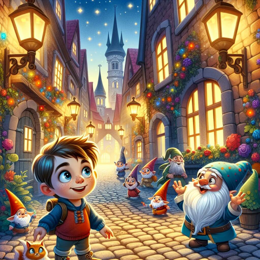 Une illustration destinée aux enfants représentant un petit garçon plein de curiosité, découvrant un monde magique rempli de créatures fantastiques, accompagné d'un gnome malicieux, dans les ruelles pavées d'une ville aux maisons colorées illuminées par des lanternes magiques.