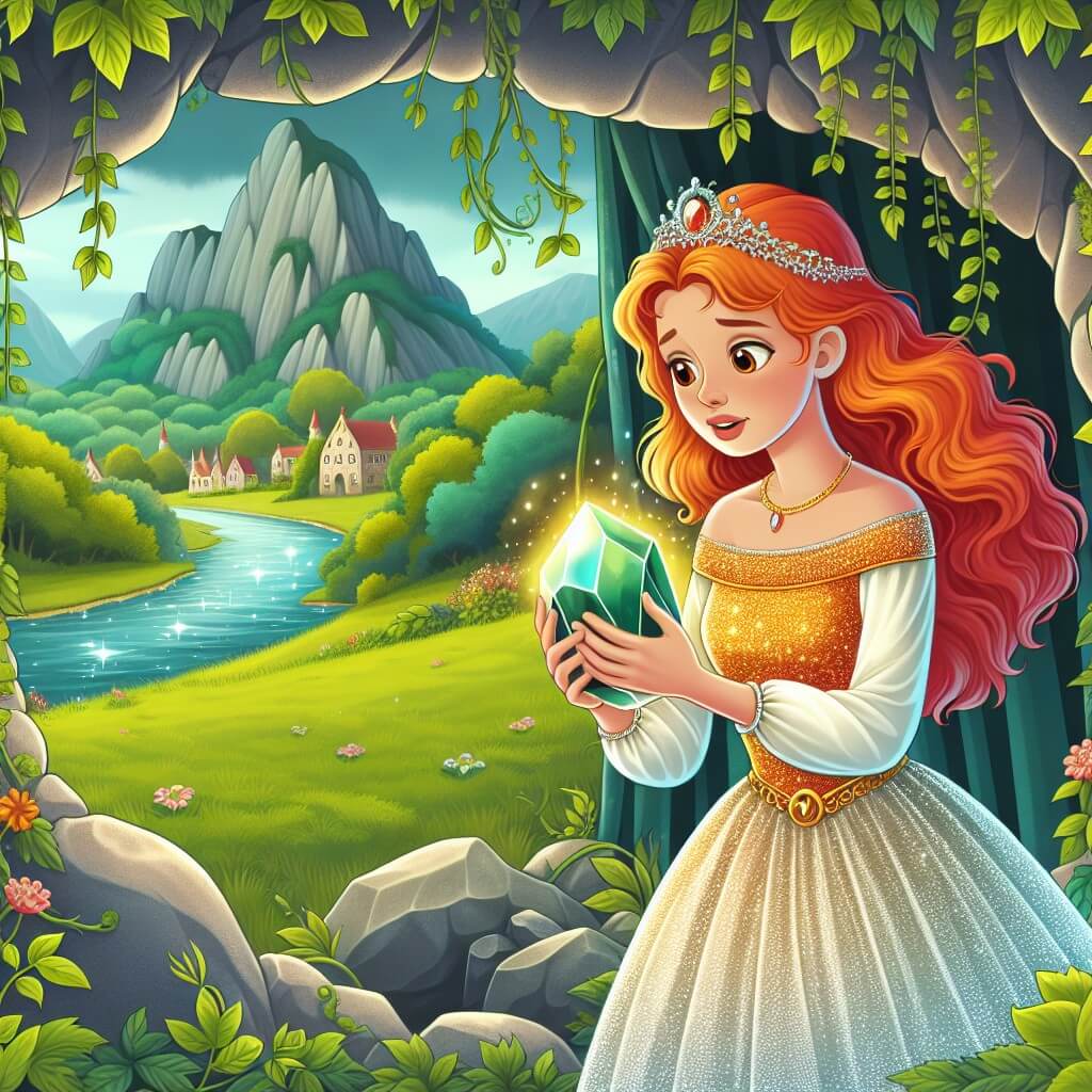Une illustration destinée aux enfants représentant une femme aux cheveux flamboyants, vêtue d'une robe scintillante, découvrant une mystérieuse pierre magique dans une grotte dissimulée derrière un rideau de lianes, dans un village paisible entouré de collines verdoyantes et d'une rivière étincelante.