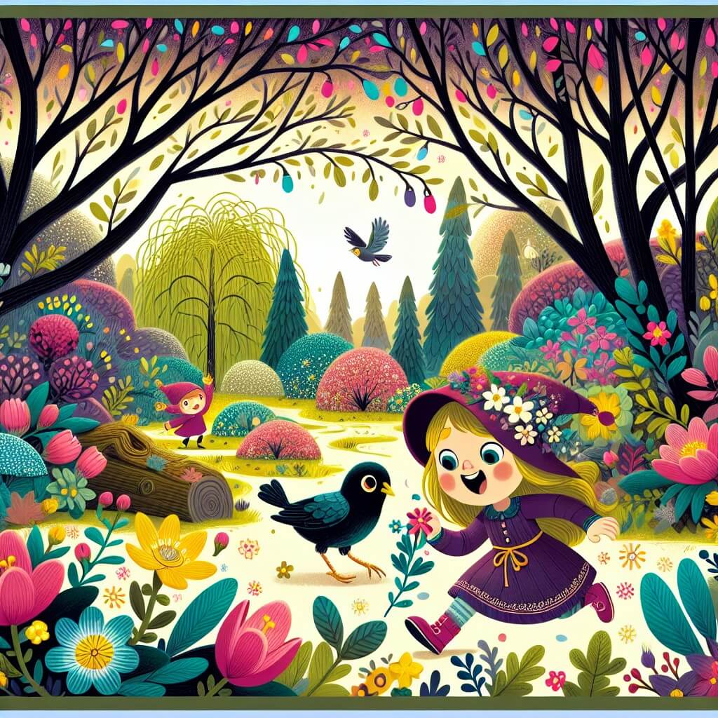 Une illustration destinée aux enfants représentant une petite fille curieuse et pleine d'énergie, qui découvre une fleur mystérieuse dans une forêt enchantée, accompagnée de son ami le merle, dans un paysage luxuriant où les arbres sont couverts de bourgeons et les fleurs éclatent de toutes les couleurs.