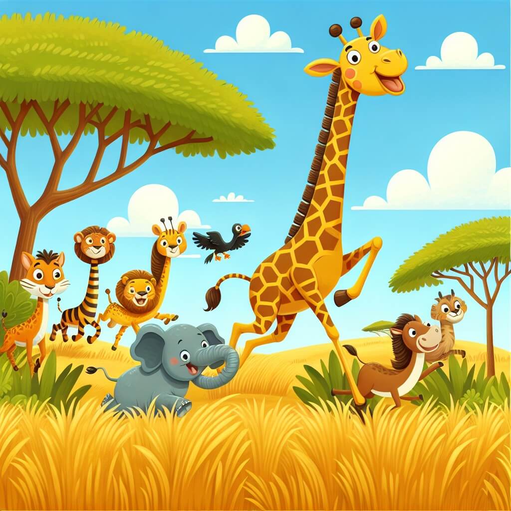 Une illustration destinée aux enfants représentant une girafe rigolote se lançant dans une course amusante avec une joyeuse troupe d'animaux exotiques dans la savane africaine, entourée de hautes herbes dorées, d'arbres majestueux et d'un ciel bleu éclatant.