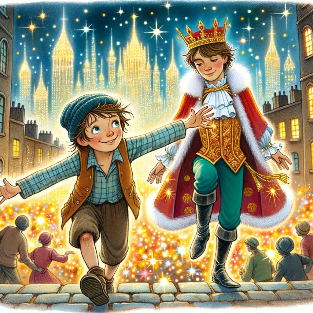 Une illustration destinée aux enfants représentant un jeune voleur des rues, un véritable acrobate des ruelles, accompagné d'un prince charmant, explorant une ville scintillante avec ses gratte-ciels étincelants et ses lumières chatoyantes.
