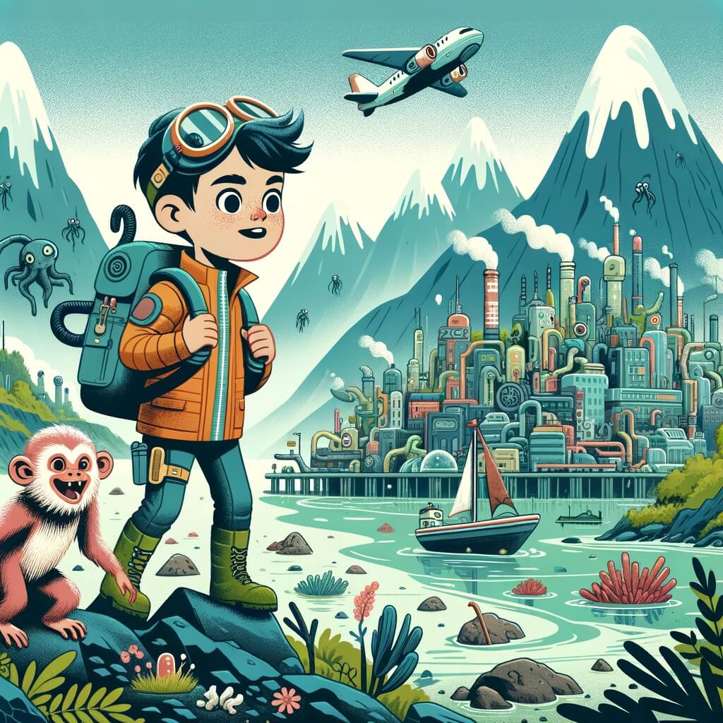 Une illustration destinée aux enfants représentant un jeune aventurier futuriste, accompagné de son fidèle singe espiègle, explorant une ville polluée entourée de montagnes toxiques et d'eaux contaminées.