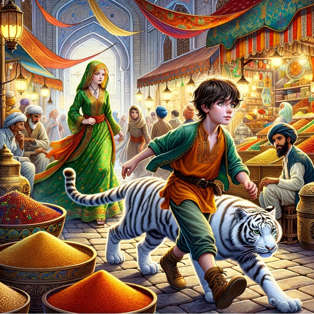 Une illustration destinée aux enfants représentant un jeune garçon des rues, vêtu de guenilles colorées, se faufilant avec agilité entre les étals animés d'un marché oriental, tandis qu'une magnifique jeune fille vêtue d'une robe en soie verte, accompagnée de son majestueux tigre blanc, déambule parmi les épices exotiques, les tapis volants chatoyants et les lanternes scintillantes de la ville animée d'Agrabah.