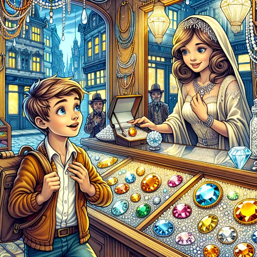 Une illustration destinée aux enfants représentant un jeune garçon des rues, entouré de bijoux scintillants, faisant la rencontre d'une mystérieuse femme dans une boutique de bijoux aux murs ornés de miroirs étincelants, située au cœur d'une ville animée et colorée.