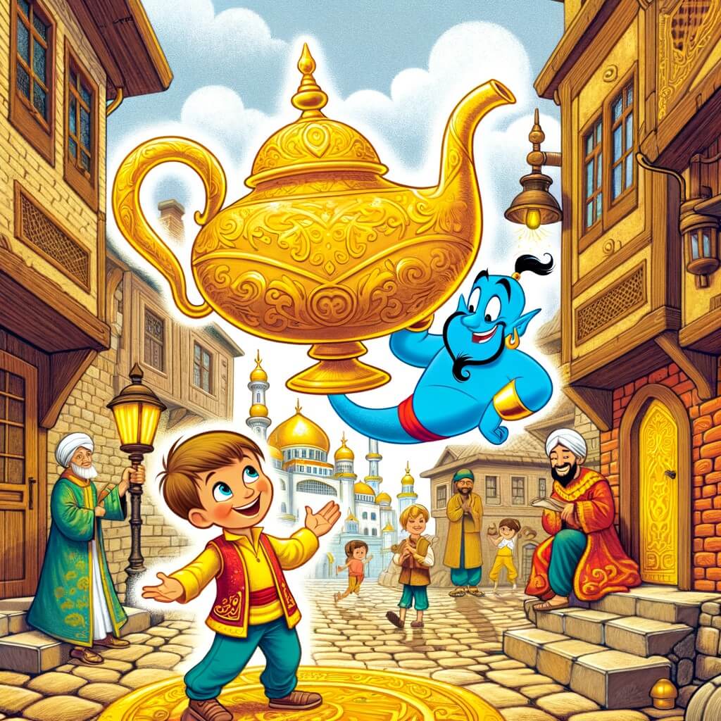 Une illustration destinée aux enfants représentant un jeune garçon des rues, au sourire radieux, se retrouvant dans un palais en or, accompagné d'un génie magique, dans un village aux maisons en briques rouges, entouré de ruelles étroites.