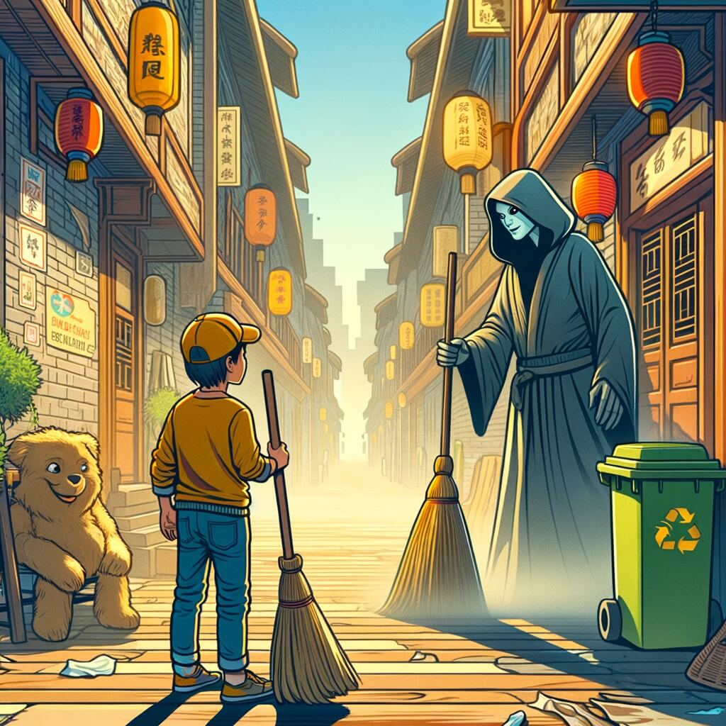 Une illustration destinée aux enfants représentant un jeune garçon intrépide, vivant dans une ville orientale aux ruelles étroites, qui rencontre un mystérieux nettoyeur de rues et découvre l'importance de protéger l'environnement.
