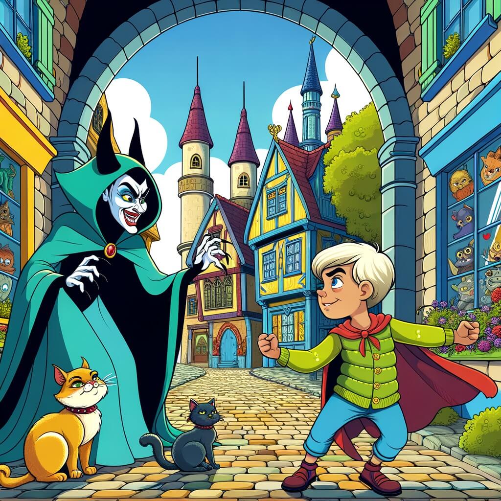 Une illustration destinée aux enfants représentant un jeune héros des rues, plein de bonté et de courage, se battant contre une reine malveillante, avec l'aide de son fidèle chat, dans les ruelles pittoresques et colorées d'une ville fantastique.