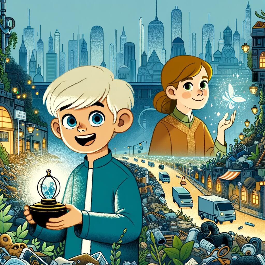 Une illustration pour enfants représentant un jeune ramasseur de déchets au cœur heureux et aimable, qui découvre une lampe magique dans une ville futuriste et polluée, et qui décide de tout faire pour la rendre plus verte et plus propre.