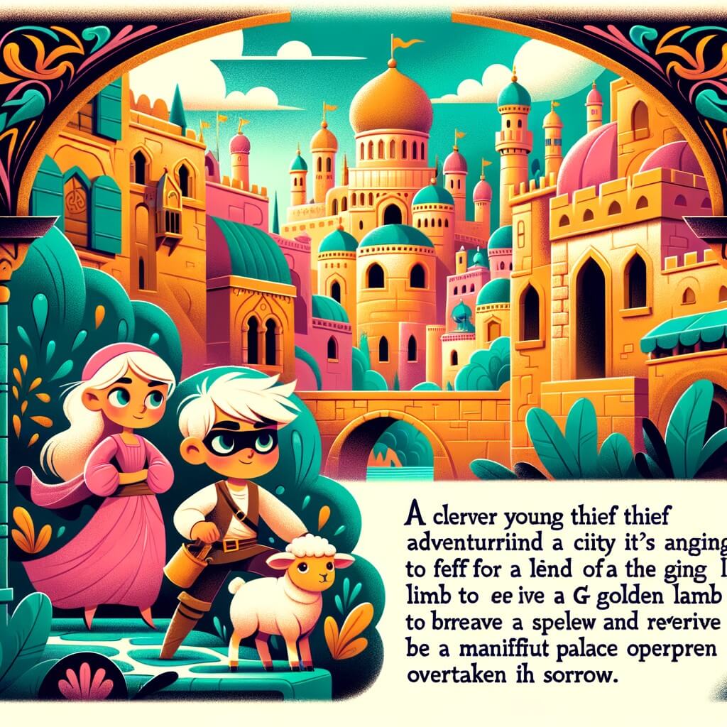 Une illustration pour enfants représentant un jeune voleur rusé et malin qui doit surmonter de nombreux obstacles dans une ville fantastique pour sauver une princesse injustement chassée du palais.