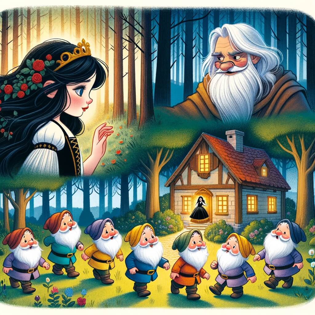 Une illustration pour enfants représentant une belle jeune femme avec des cheveux noirs ébène, qui fuit son beau-père méchant et trouve refuge dans une petite maison de sept nains, située dans la forêt enchantée.