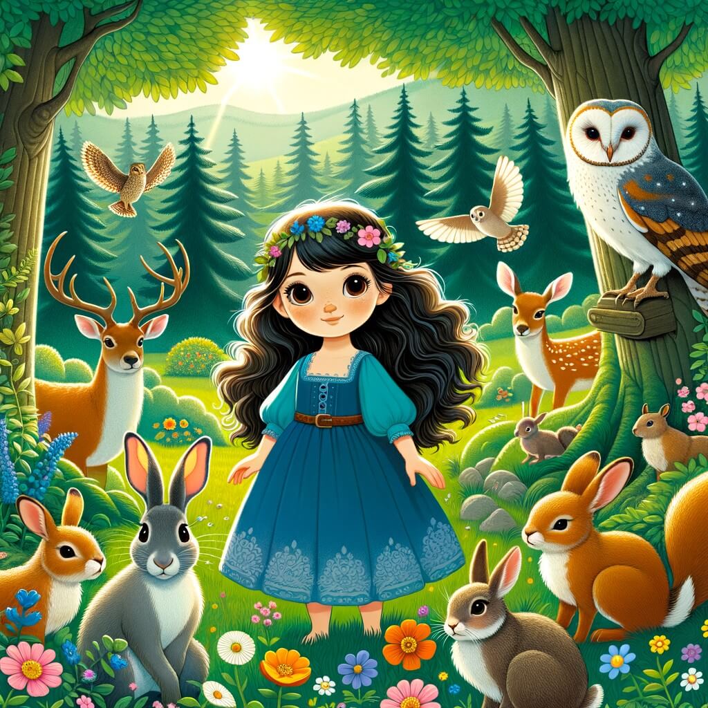 Une illustration pour enfants représentant une jeune fille en fuite, cherchant refuge dans une forêt magique remplie de créatures étonnantes.